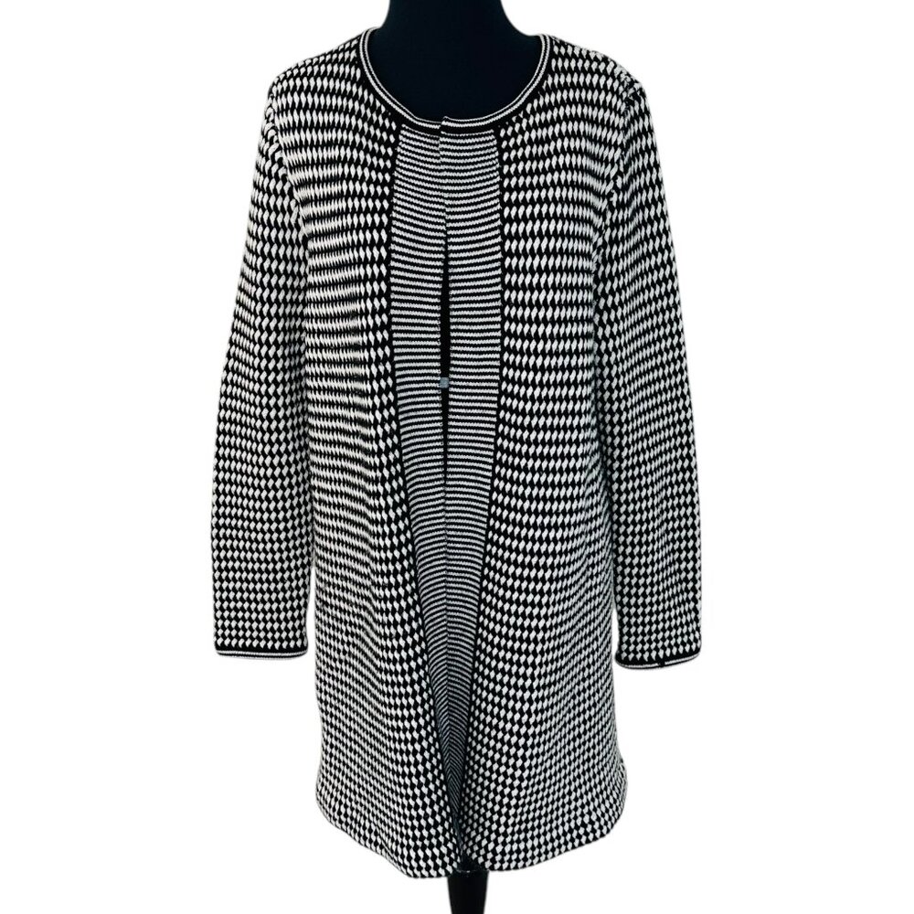 Talbots Women's Size L Open Front Mohair Black White Cardigan Sweater Ja…